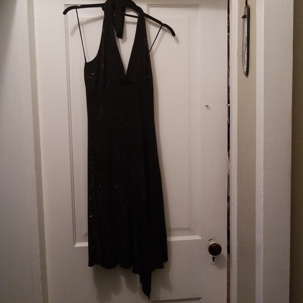 Black halter top dress with pink sparkle swirl